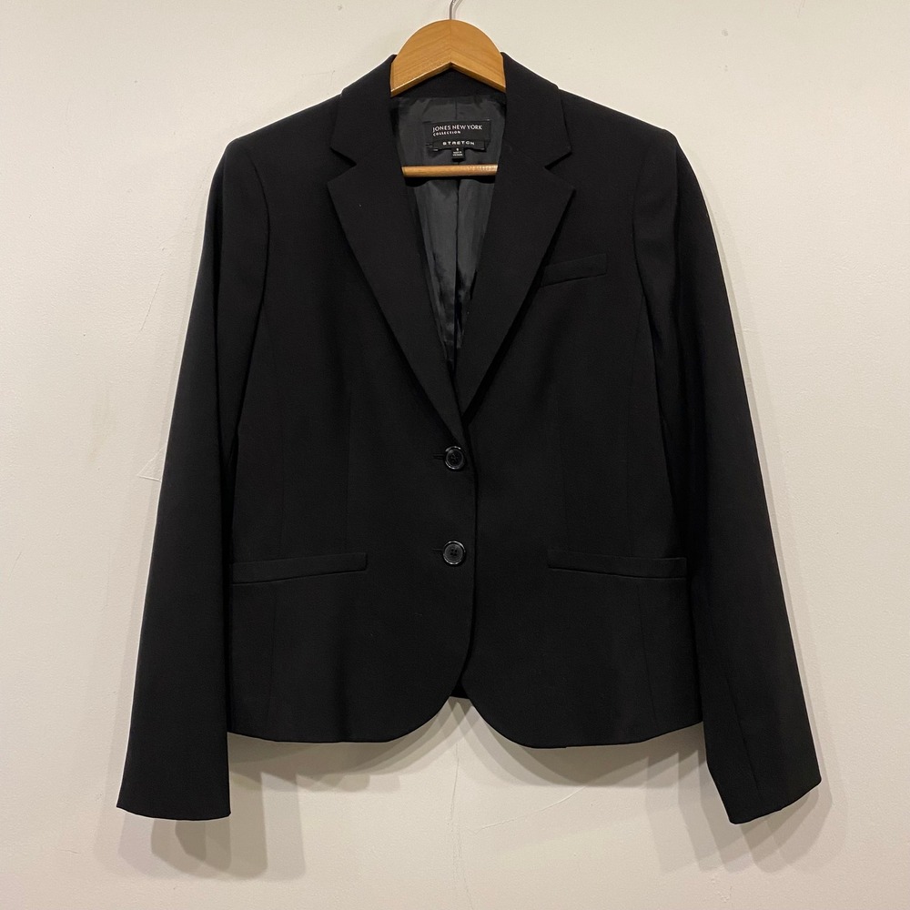 Jones New York Collection Black Stretch Two Button Blazer Jacket Womens Size 8